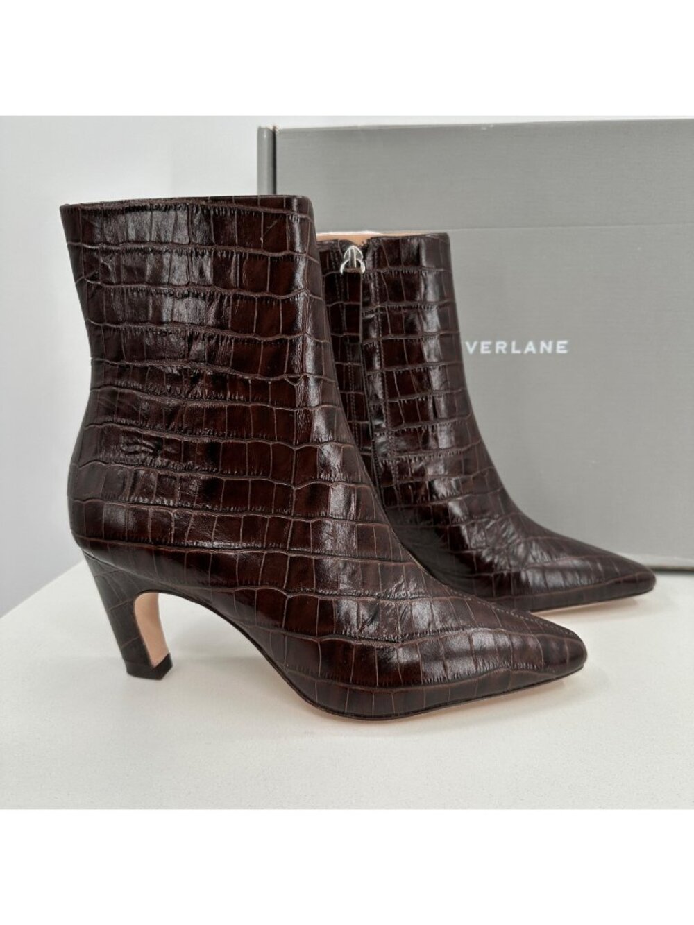 Everlane The Short Banana Heel Boot in Brown Crocodile Leather 9 Ankle Zip